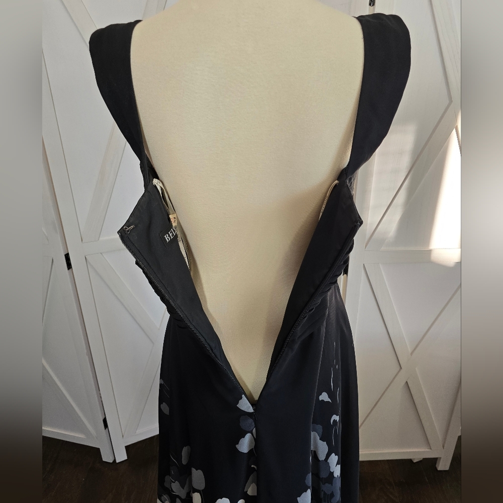 Belsoie - Black, Gray & White Floral A-Line Midi Dress with Wide Straps - Picture 7 of 12